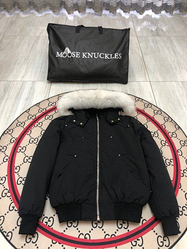 Moose Knuckles Black Hooded Bomber Jacket with White Trim