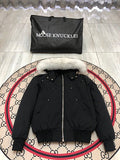 Moose Knuckles Black Hooded Bomber Jacket with White Trim