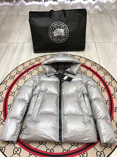 Canada Goose Glossy Silver Gray Hooded Puffer Jacket