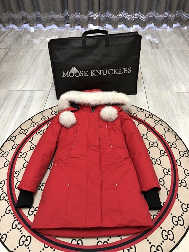 Moose Knuckles Red Hooded Longline Parka with White Trim