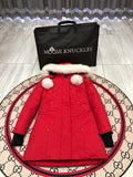 Moose Knuckles Red Hooded Longline Parka with White Trim