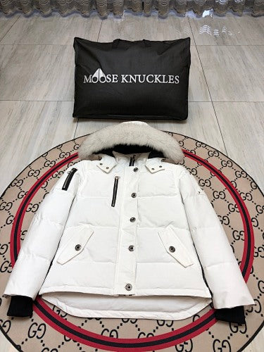 Moose Knuckles Quilted White Hooded Jacket with Cream Trim