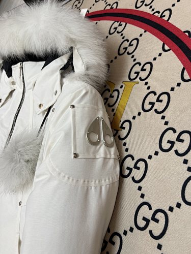 Moose Knuckles White Cropped Hooded Bomber Jacket with Pom-Poms