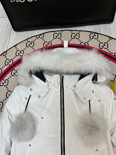 Moose Knuckles White Cropped Hooded Bomber Jacket with Pom-Poms