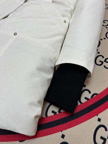 Moose Knuckles White Hooded Longline Parka with Gray Trim