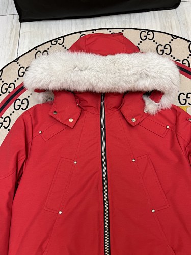 Moose Knuckles Red Hooded Bomber Jacket with White Trim