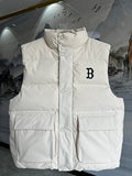 B Logo White Quilted Snap-Front Puffer Vest