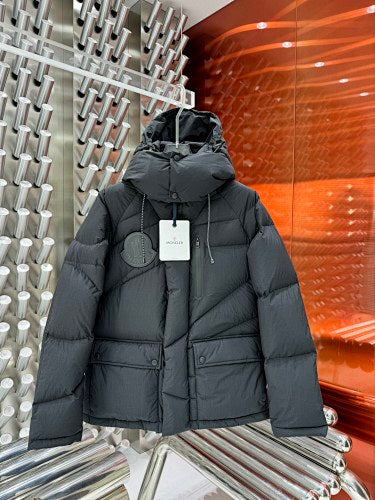 Moncler Geometric Quilted Charcoal Gray Hooded Puffer Jacket