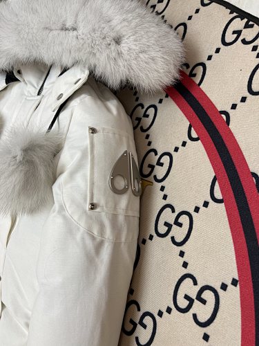 Moose Knuckles White Hooded Longline Parka with Gray Trim