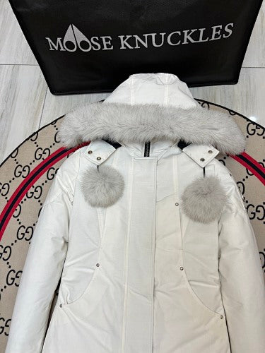 Moose Knuckles White Hooded Longline Parka with Gray Trim