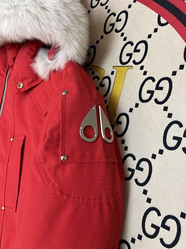 Moose Knuckles Red Hooded Bomber Jacket with White Trim