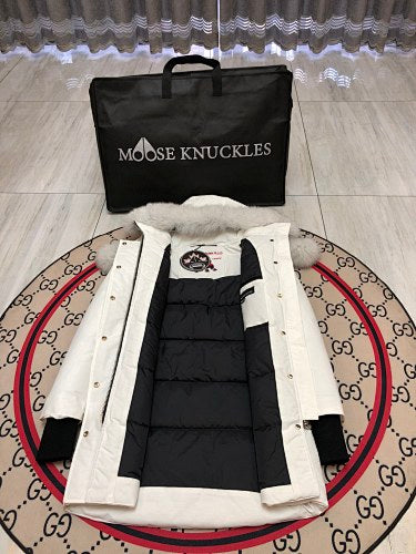 Moose Knuckles White Hooded Longline Parka with Gray Trim