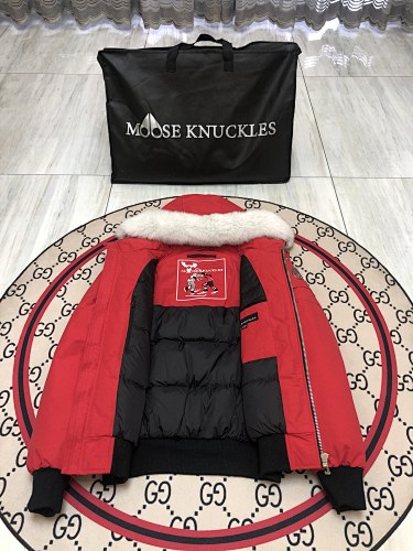 Moose Knuckles Red Hooded Bomber Jacket with White Trim