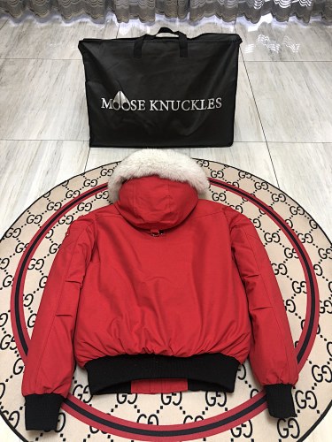 Moose Knuckles Red Hooded Bomber Jacket with White Trim