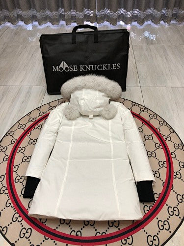 Moose Knuckles White Hooded Longline Parka with Gray Trim