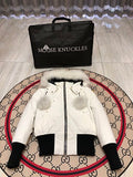 Moose Knuckles White Cropped Hooded Bomber Jacket with Pom-Poms