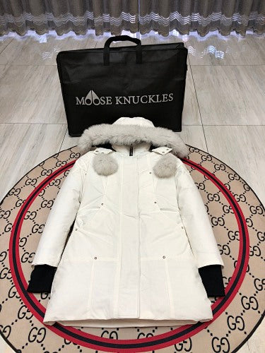 Moose Knuckles White Hooded Longline Parka with Gray Trim