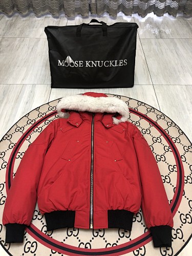 Moose Knuckles Red Hooded Bomber Jacket with White Trim