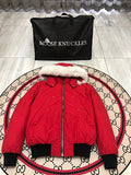 Moose Knuckles Red Hooded Bomber Jacket with White Trim