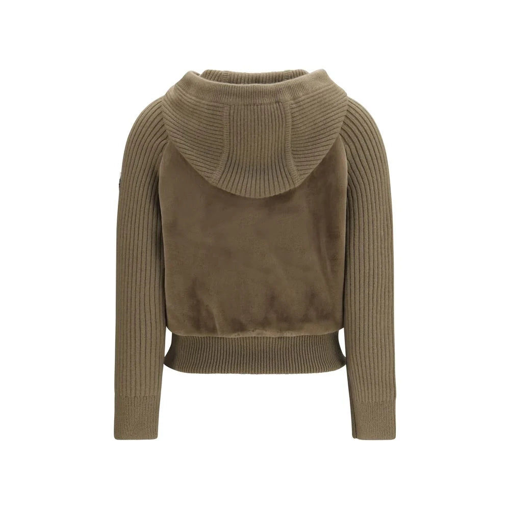 Moncler Hybrid Khaki Brown Knit-Sleeve Hooded Jacket