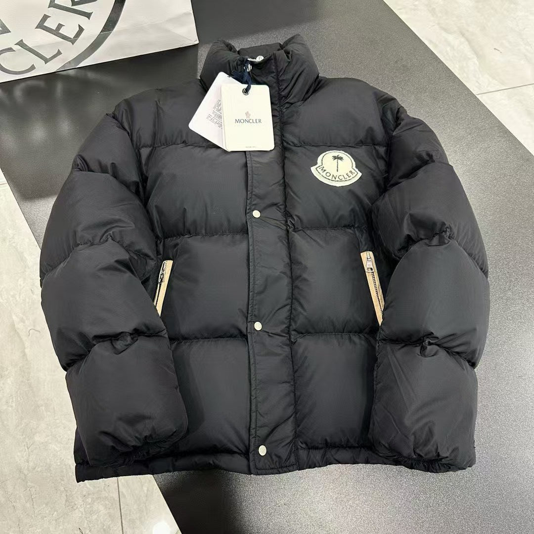 Moncler Quilted Black Stand-Collar Puffer Jacket with Beige Trim