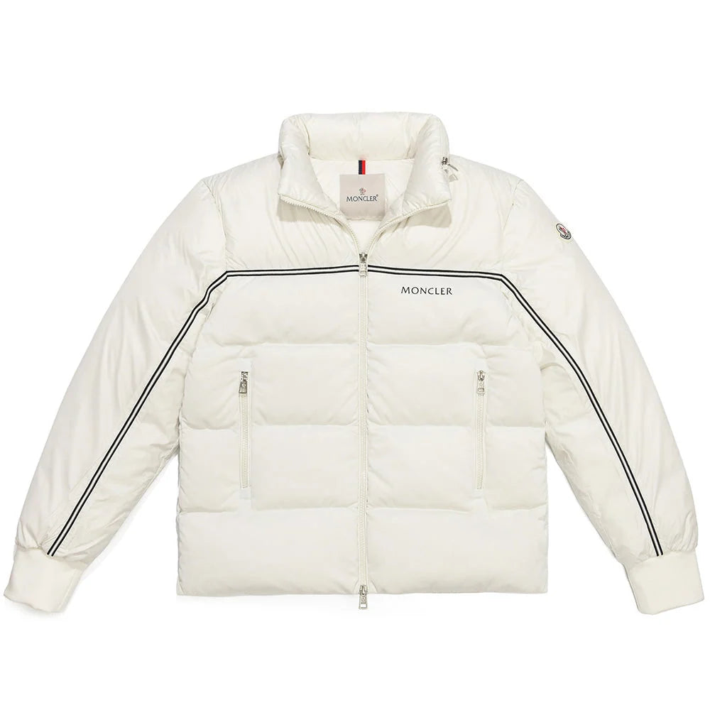 Moncler White Men's Down Puffer Jacket with Contrast Back Stripe
