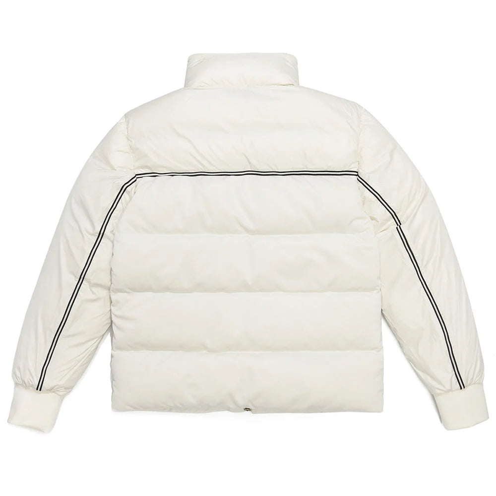 Moncler White Men's Down Puffer Jacket with Contrast Back Stripe
