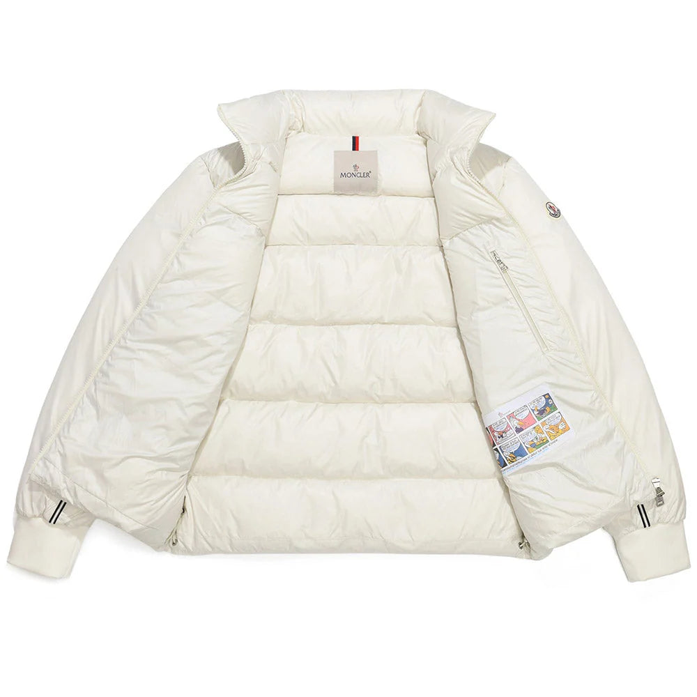 Moncler White Men's Down Puffer Jacket with Contrast Back Stripe