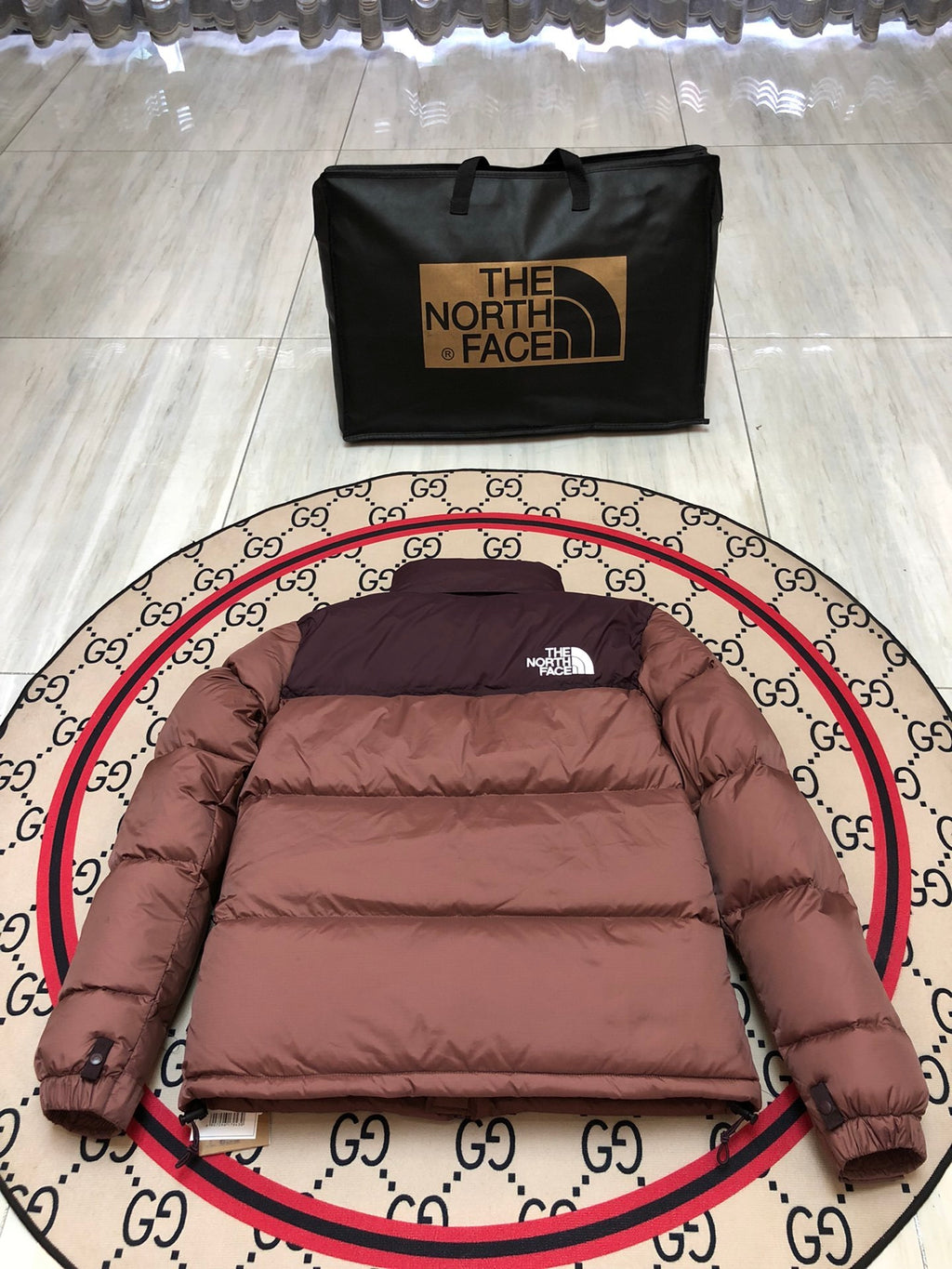 The North Face Quilted Dusty Rose and Burgundy Stand-Collar Puffer Jacket