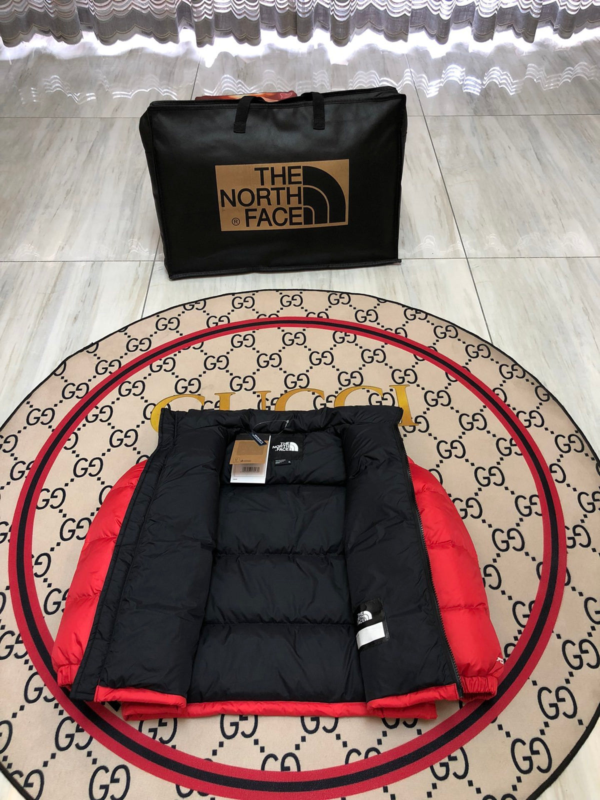 The North Face Quilted Red and Black Stand-Collar Puffer Jacket