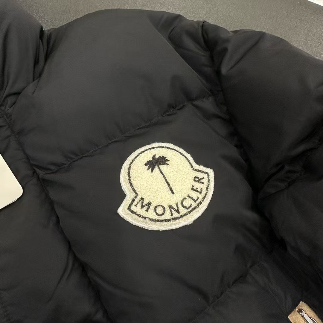 Moncler Quilted Black Stand-Collar Puffer Jacket with Beige Trim