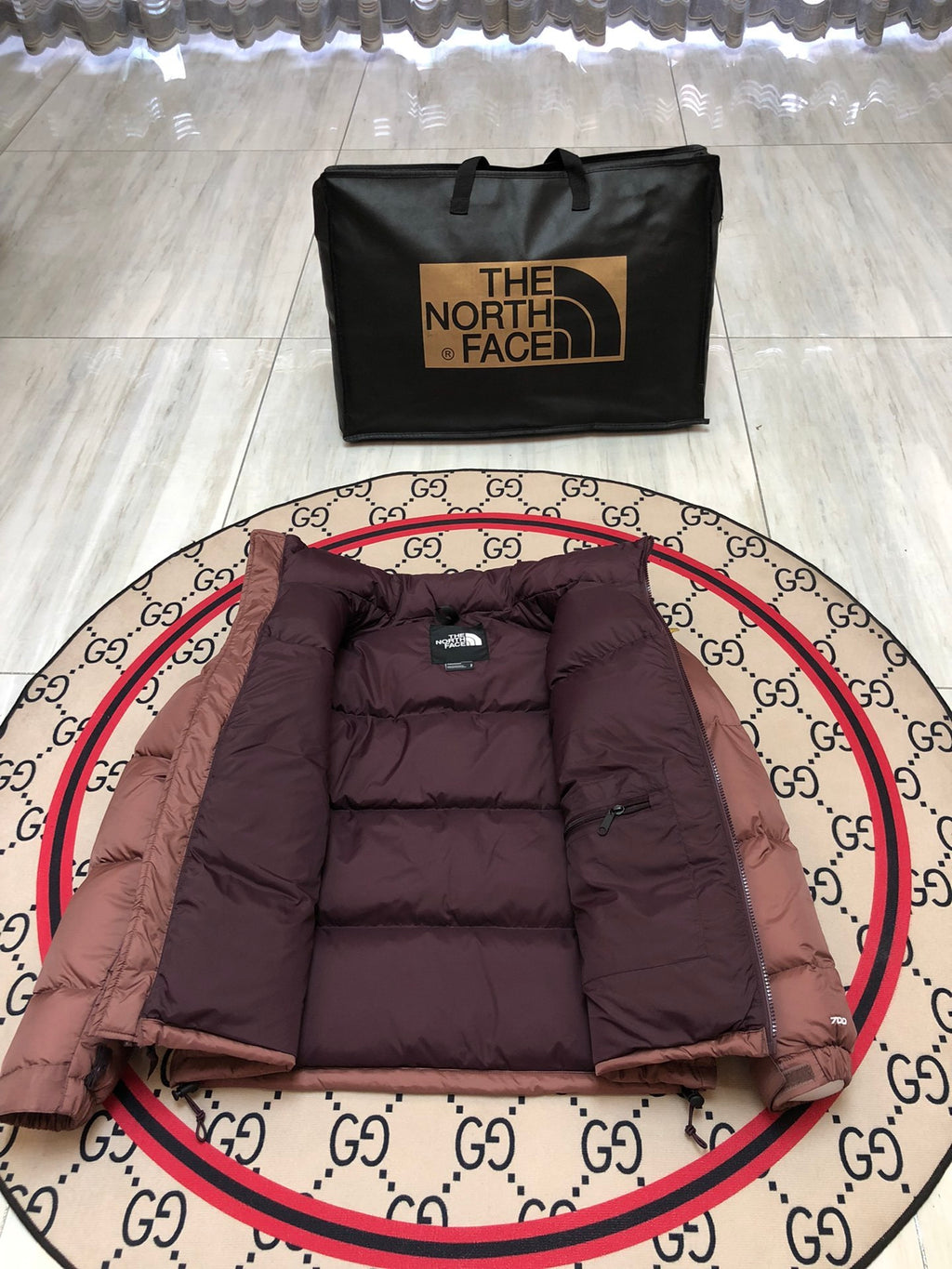 The North Face Quilted Dusty Rose and Burgundy Stand-Collar Puffer Jacket