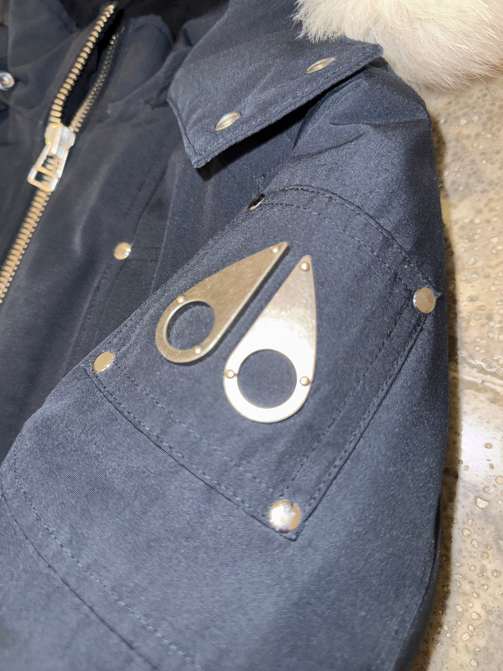 Moose Knuckles Navy Blue Hooded Bomber Jacket with White Trim