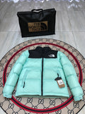 The North Face Quilted Mint Green and Black Stand-Collar Puffer Jacket