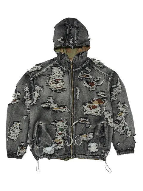 THUG CLUB Hell Denim ripped hooded denim jacket