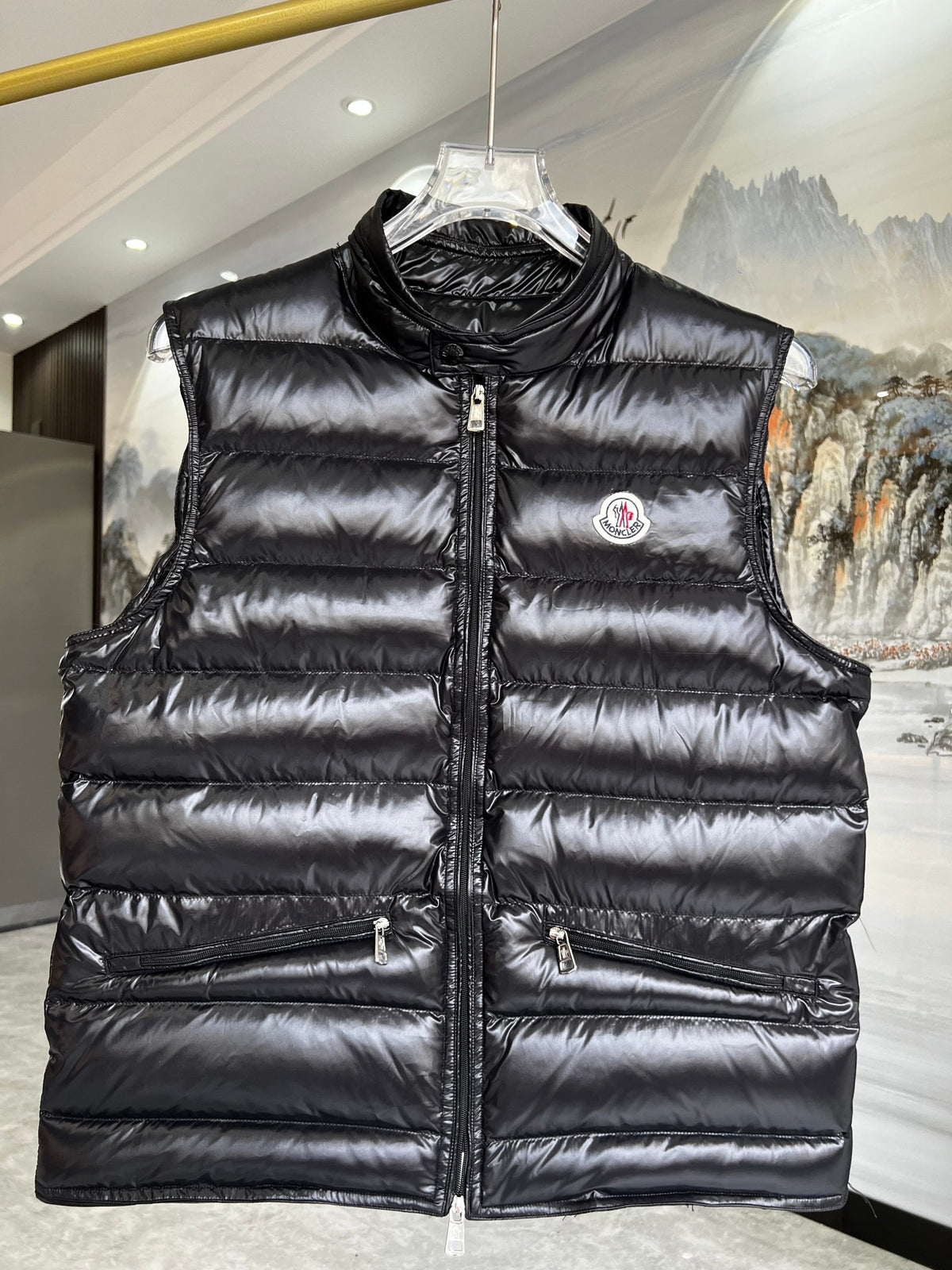 Moncler Glossy Black Quilted Zip-Front Puffer Vest