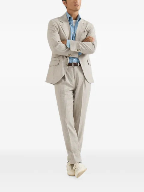 Brunello Cucinelli striped cashmere and silk diagonal flannel deconstructed Cavallo blazer with metal buttons