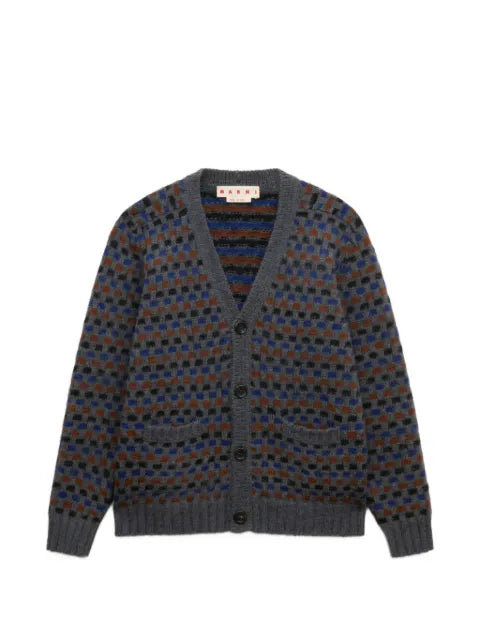 Marni gray and blue Shetland wool jacquard cardigan