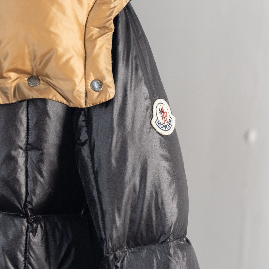 Moncler Glossy Black Hooded Puffer Jacket with Camel Lining