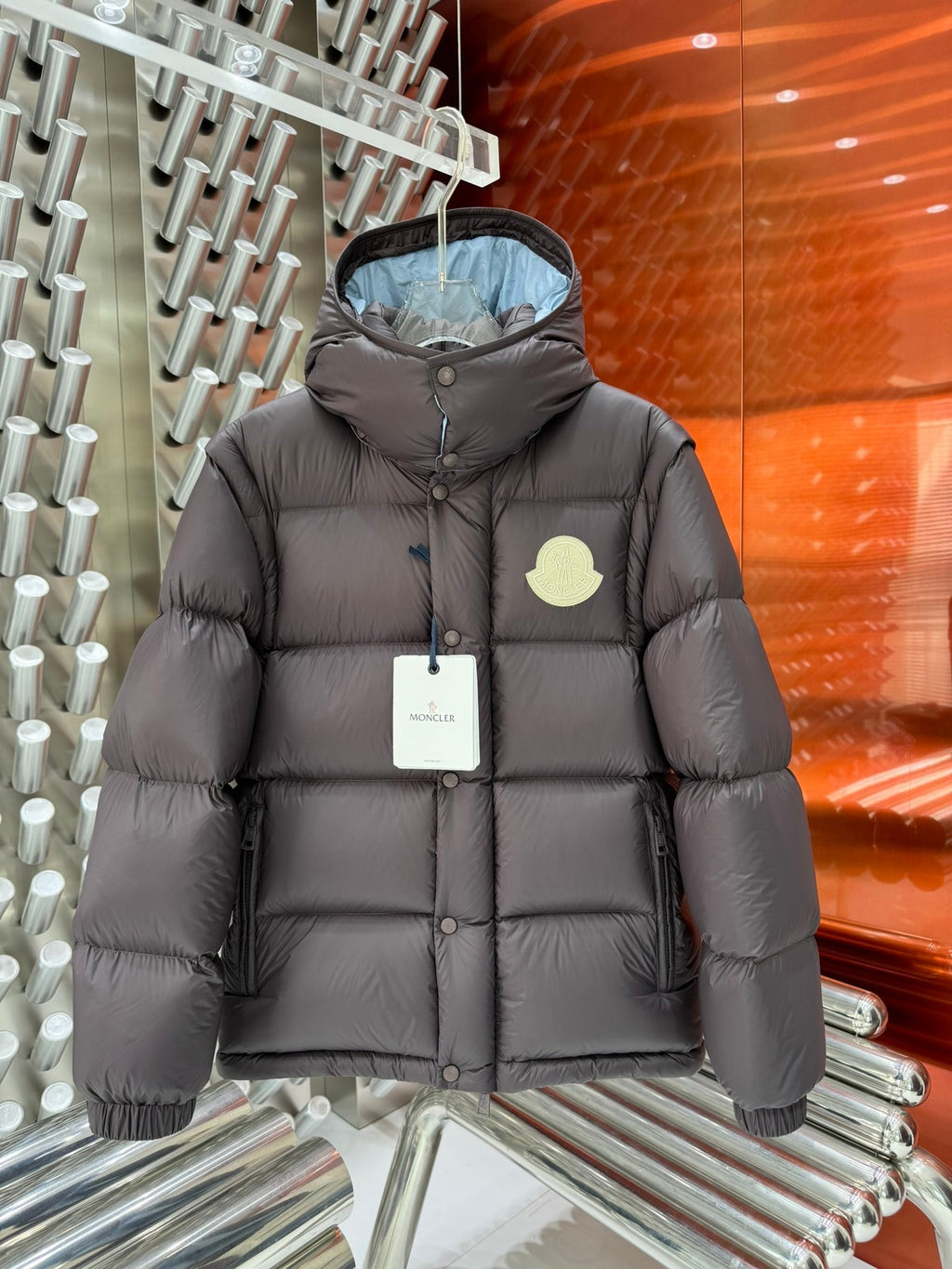 Moncler Quilted Taupe Gray Hooded Puffer Jacket