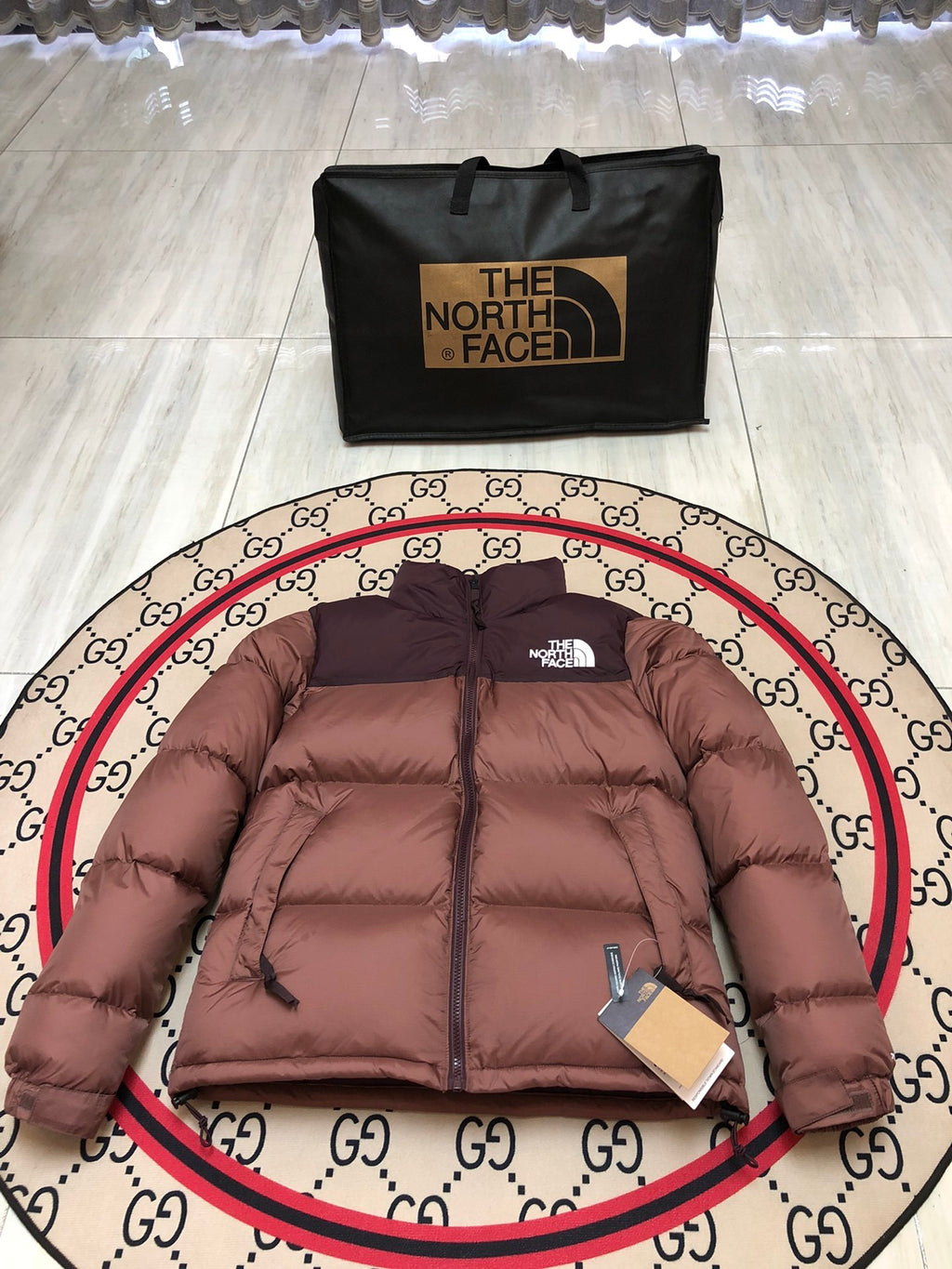 The North Face Quilted Dusty Rose and Burgundy Stand-Collar Puffer Jacket