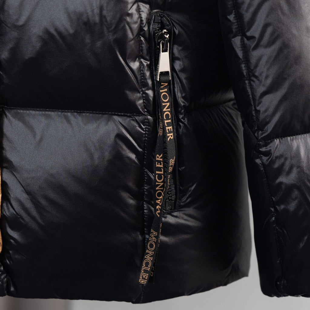 Moncler Glossy Black Hooded Puffer Jacket with Camel Lining