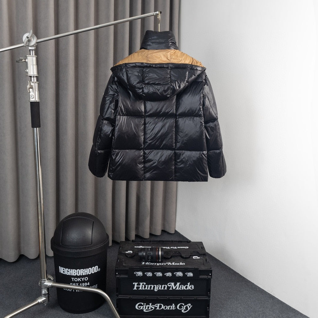 Moncler Glossy Black Hooded Puffer Jacket with Camel Lining