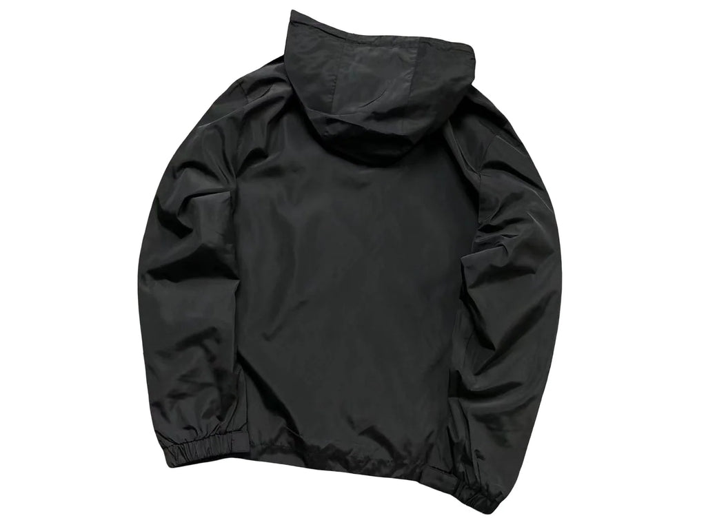Moncler Black Hooded Zip-Front Jacket with Geometric Sleeve Trim
