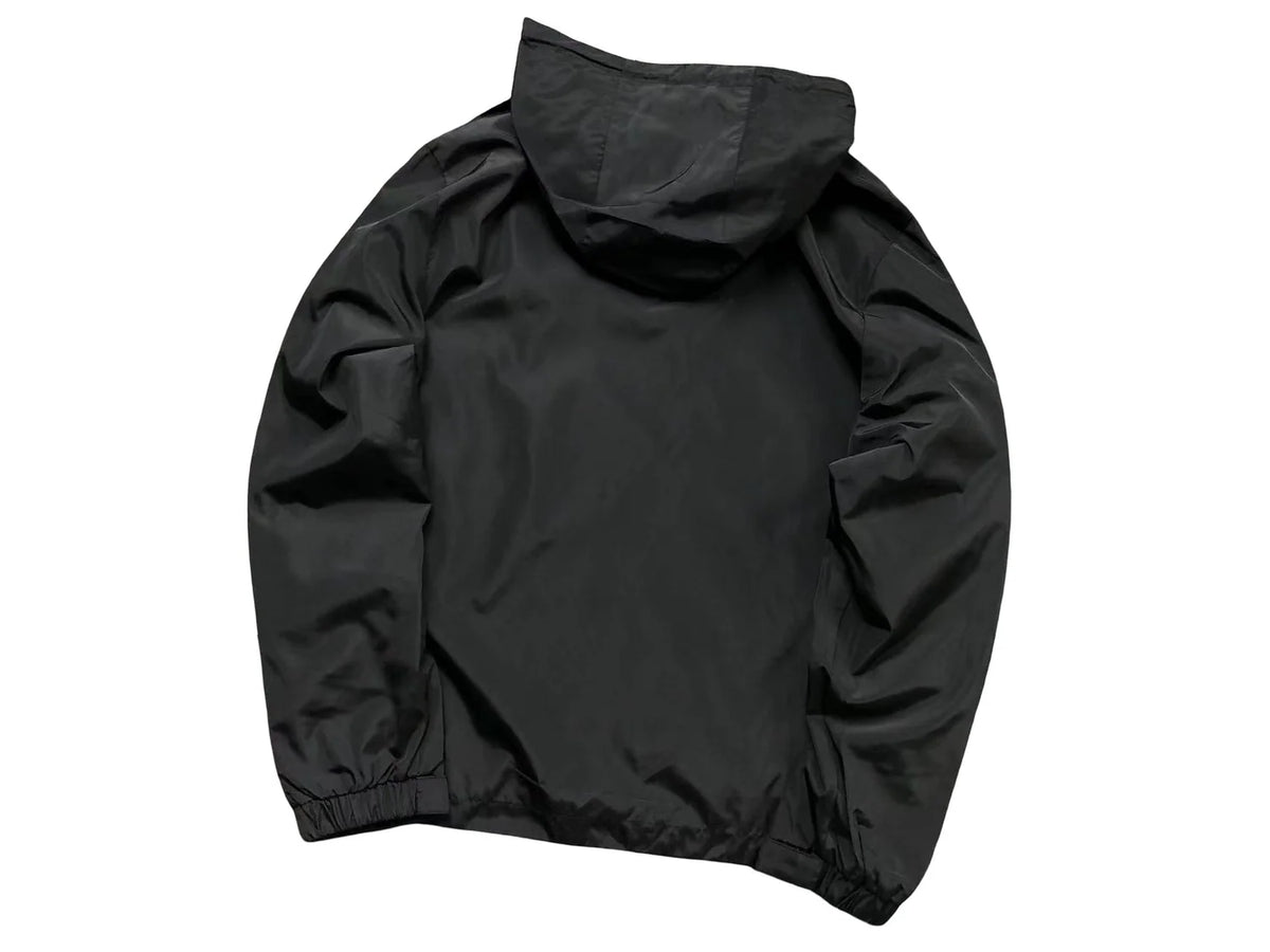 Moncler Black Hooded Zip-Front Jacket with Geometric Sleeve Trim