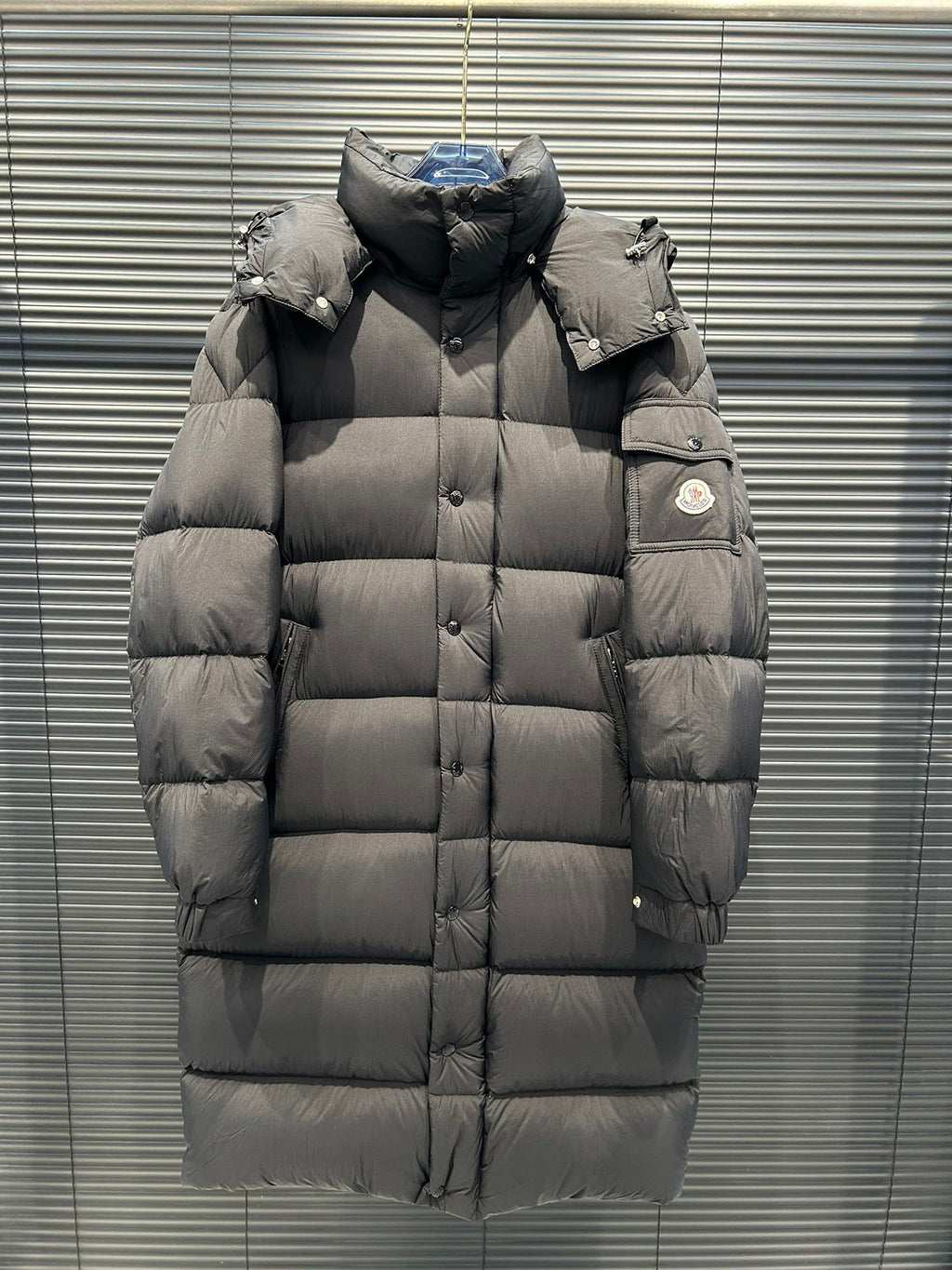 Moncler Quilted Charcoal Gray Hooded Longline Puffer Coat