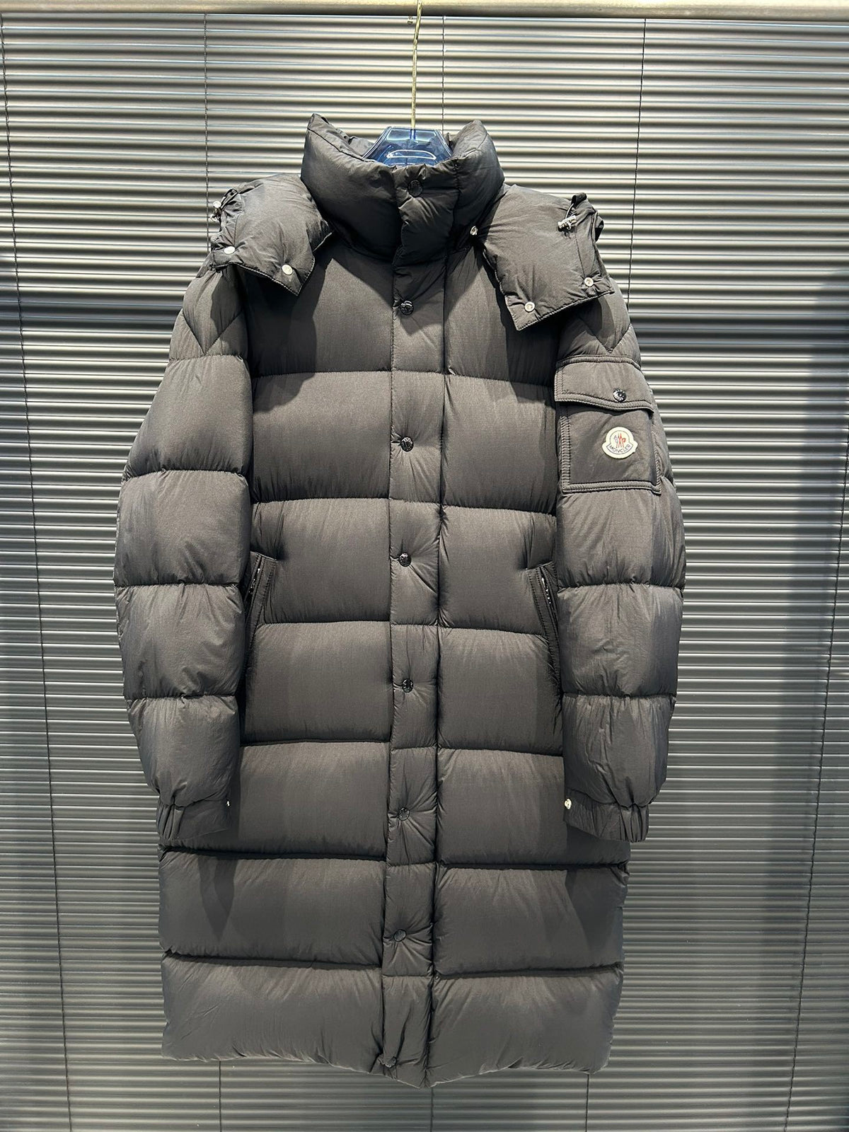 Moncler Quilted Charcoal Gray Hooded Longline Puffer Coat