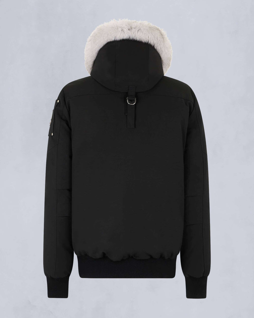 Moose Knuckles Black Hooded Bomber Jacket with White Trim