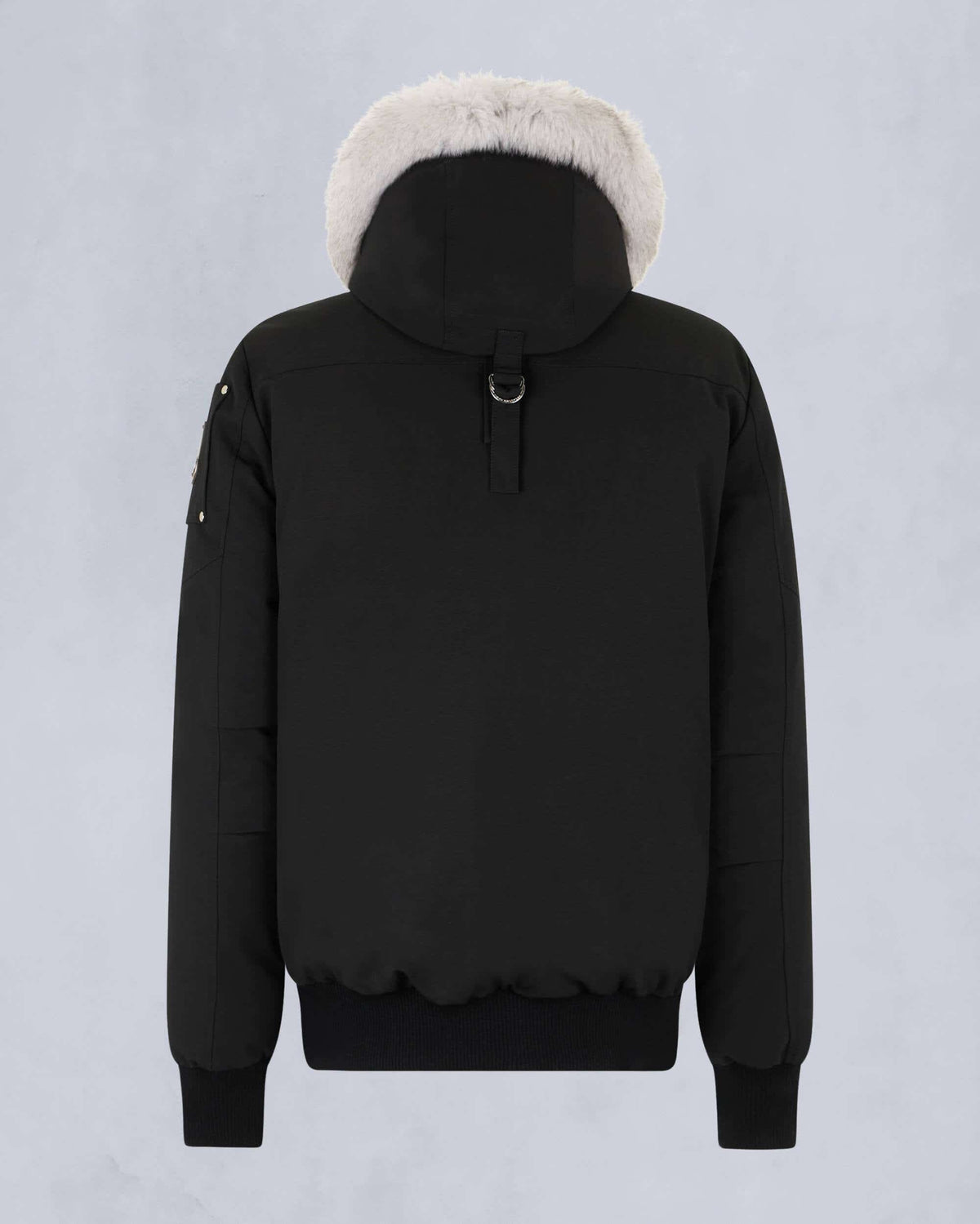 Moose Knuckles Black Hooded Bomber Jacket with White Trim