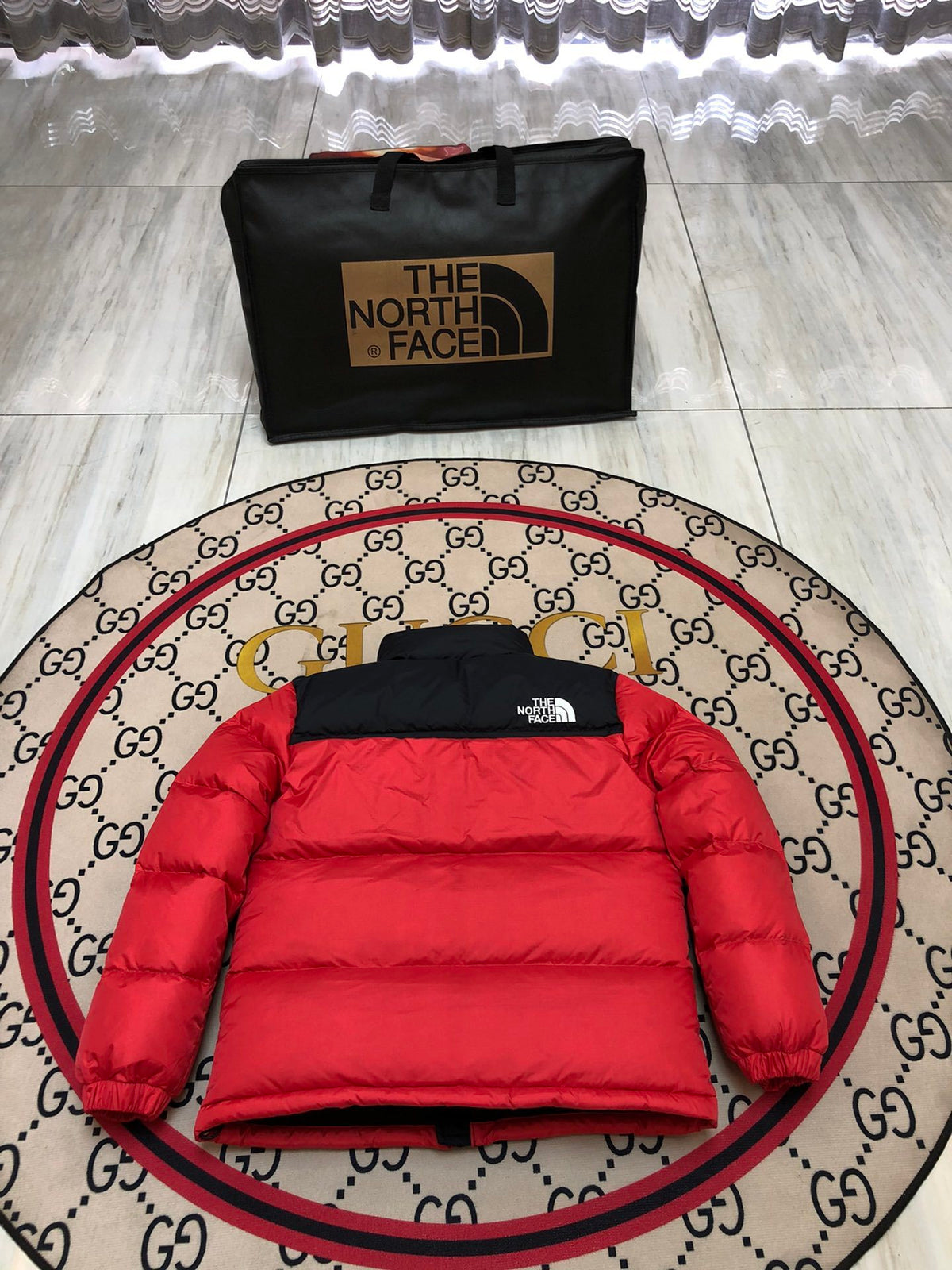 The North Face Quilted Red and Black Stand-Collar Puffer Jacket